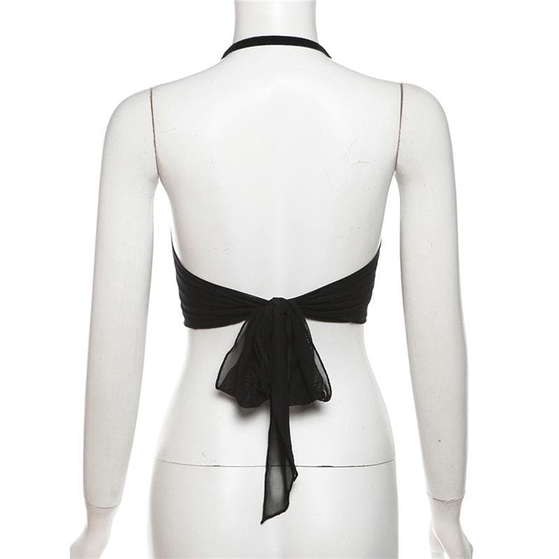 Halter flower applique velvet mesh self tie crop top