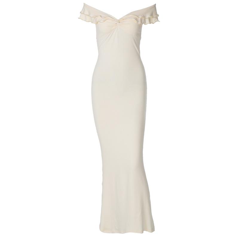 Short sleeve off shoulder ruffle ruched maxi dress