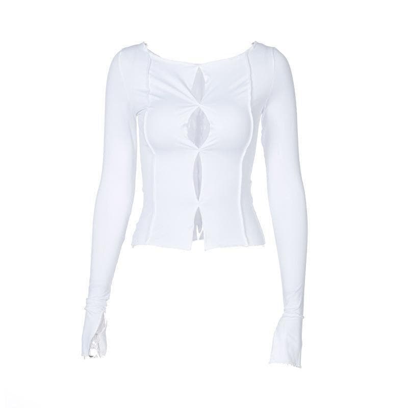 Hollow out round neck long sleeve cut out top