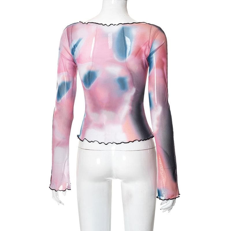 Sheer mesh contrast print crewneck ruffle long sleeve top