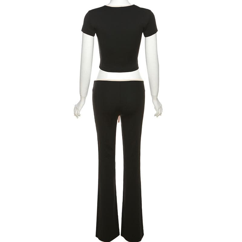 Contrast self tie v neck short sleeve low rise pant set