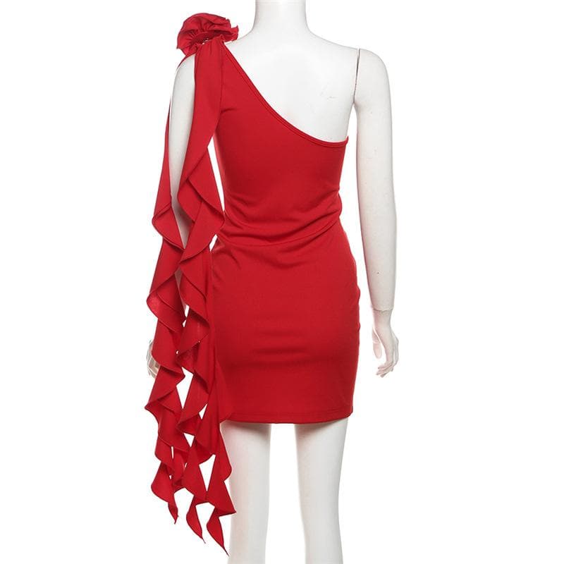One shoulder flower applique ruched ruffle solid backless mini dress  | red tango dress