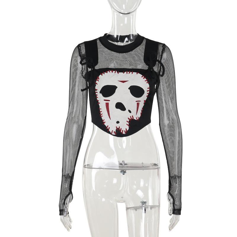 Crewneck long sleeve demon embroidery fishnet patchwork top