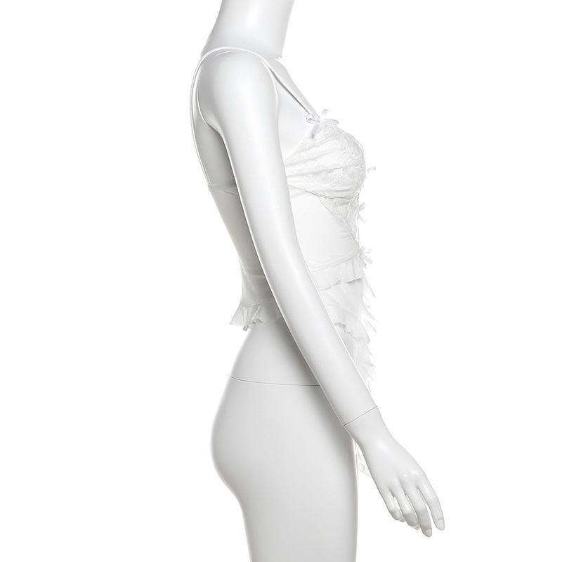 Bowknot ruffle mesh solid cami top