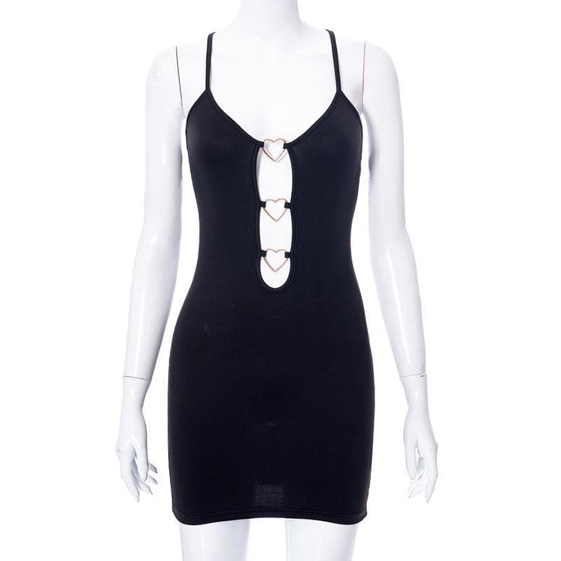 Heart ring hollow out cross back dress  | black rave dress  | black rave dress