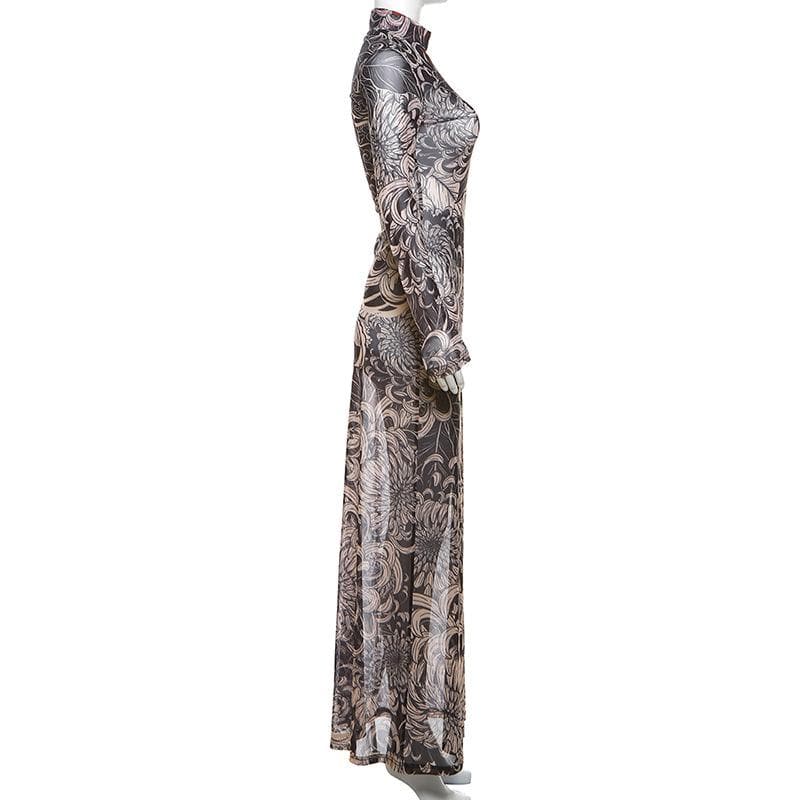 Long sleeve high neck print sheer mesh maxi dress  | samba dress