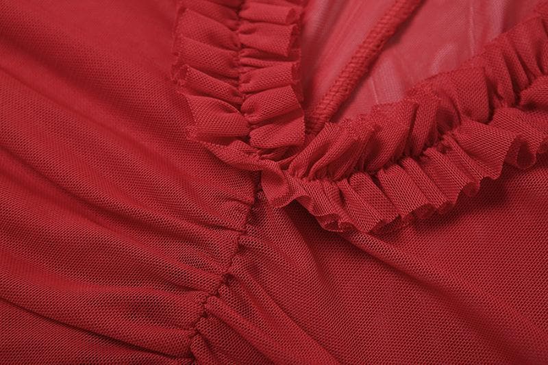 Ruched ruffle slit sheer mesh hollow out cami mini dress  | red tango dress  | samba dress