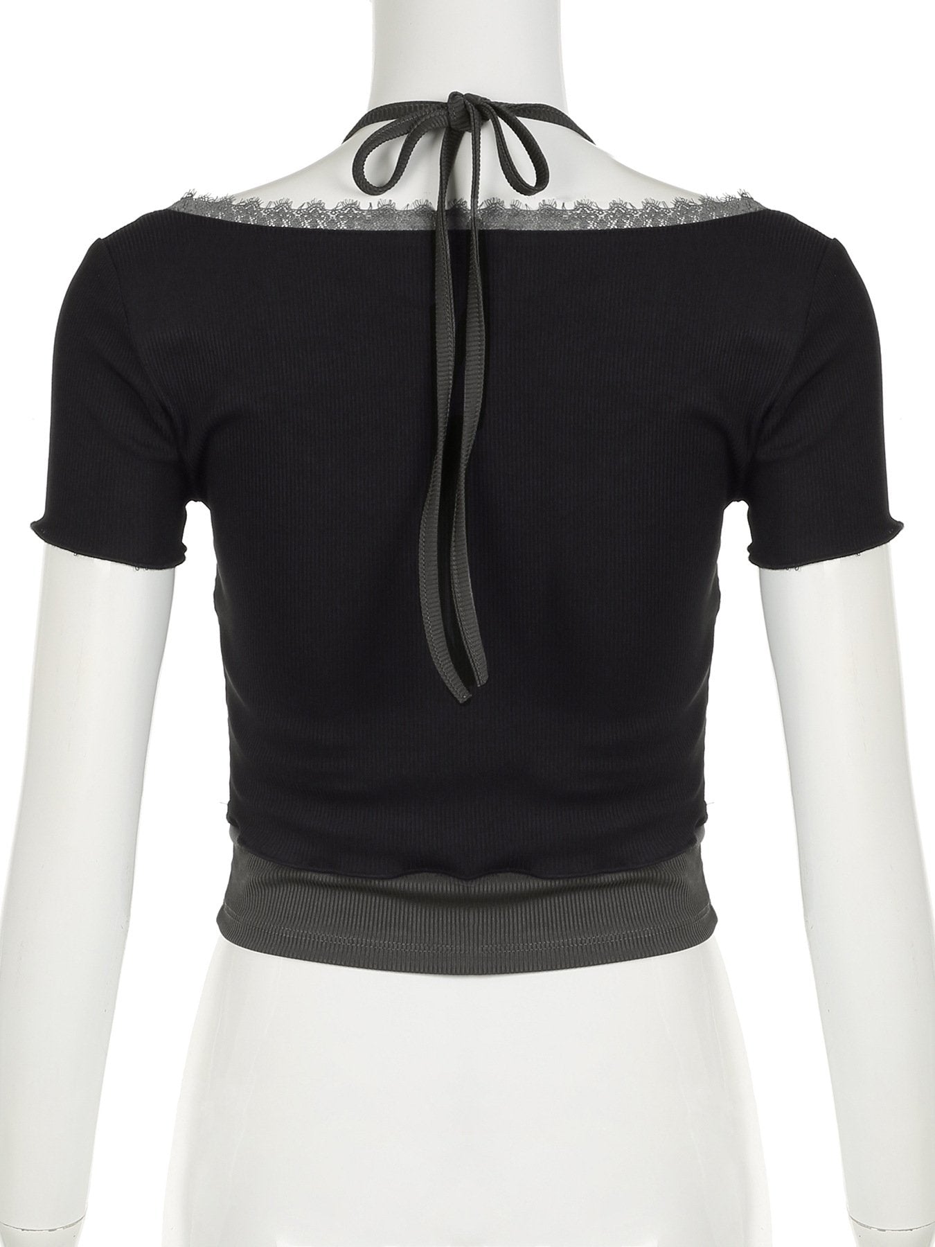 Short sleeve halter lace hem bowknot ribbed 2 piece top