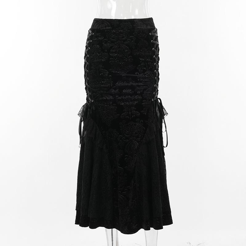 Lace hem lace up zip-up maxi skirt