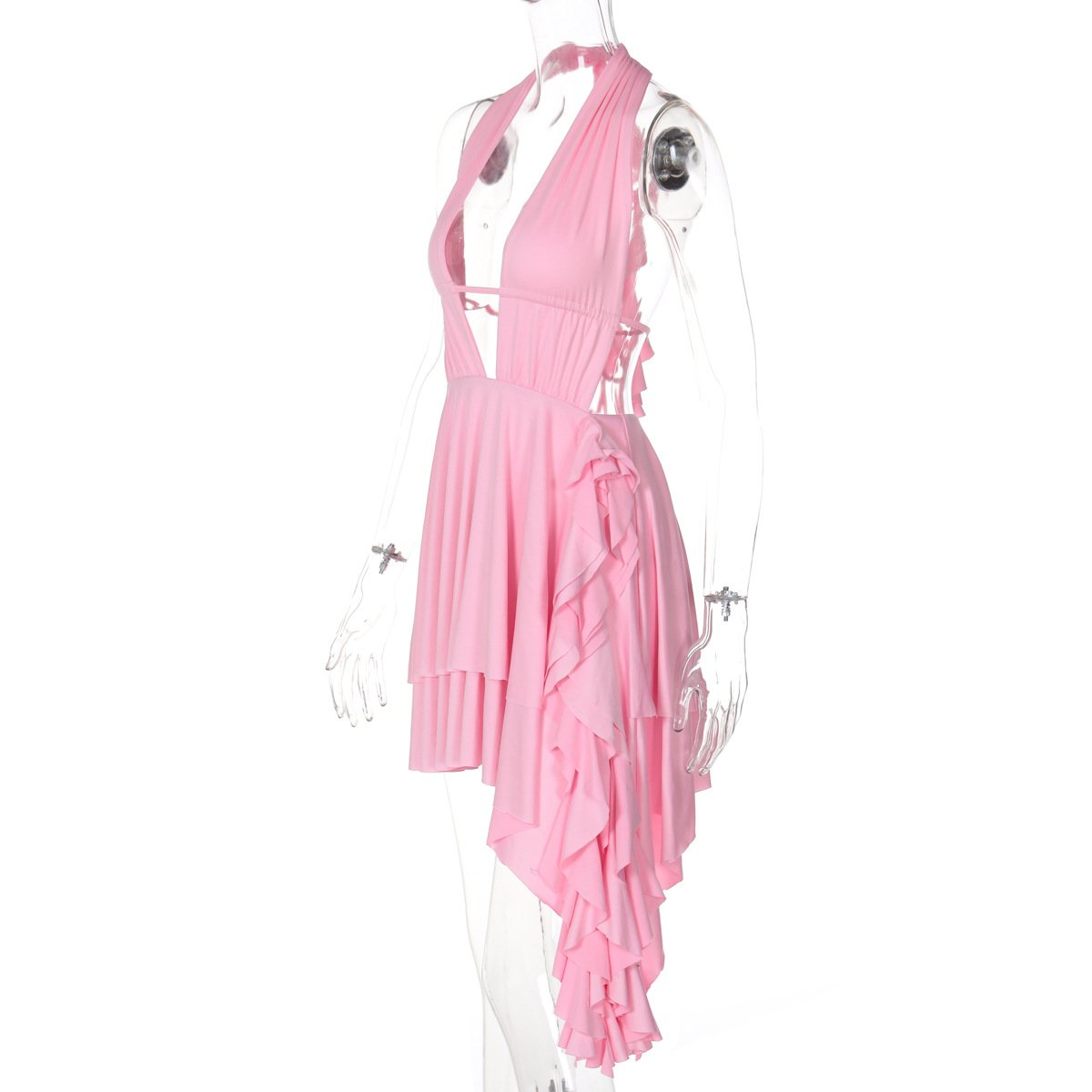 Halter low cut ruffle ruched mini dress
