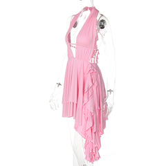 Halter low cut ruffle ruched mini dress