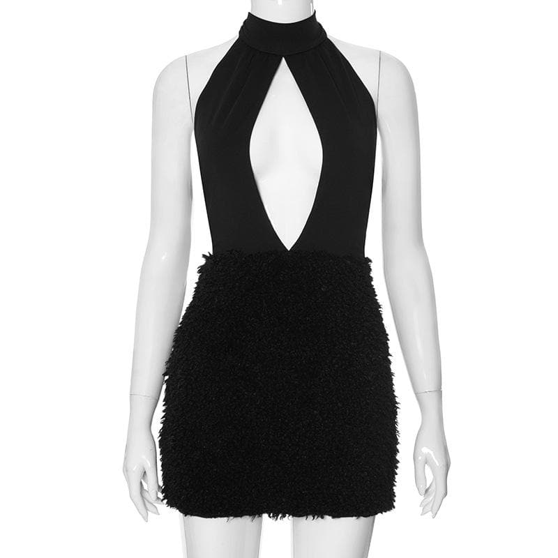Halter hollow out fluffy ruched self tie cut out mini dress