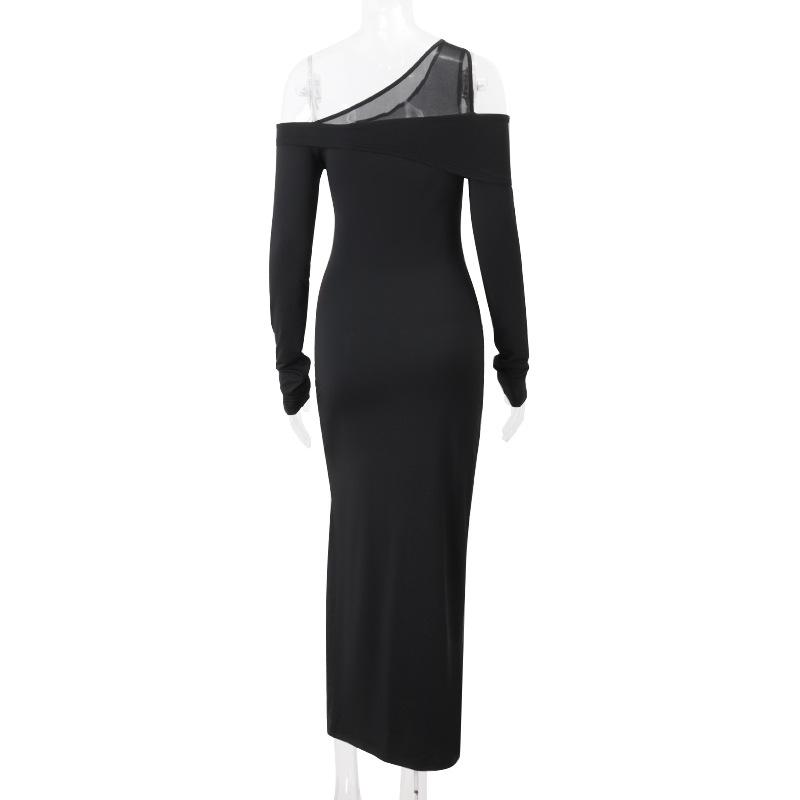 Off shoulder long sleeve slit solid maxi dress