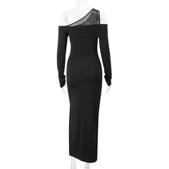Off shoulder long sleeve slit solid maxi dress