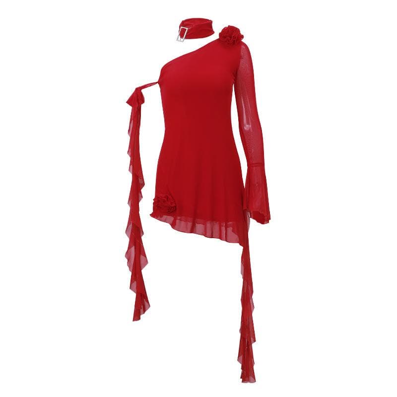 Long flared sleeve one shoulder ruffle flower applique mesh mini dress  | red tango dress