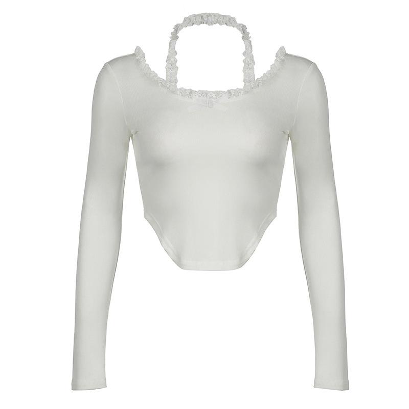 Halter long sleeve bowknot lace hem top