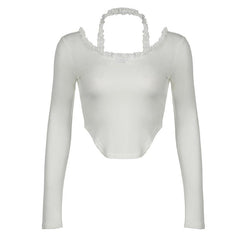Halter long sleeve bowknot lace hem top