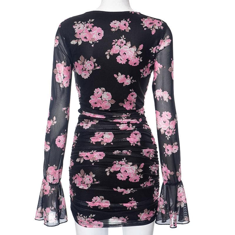 Long flared sleeve cowl neck ruffle flower print sheer mesh mini dress  | samba dress