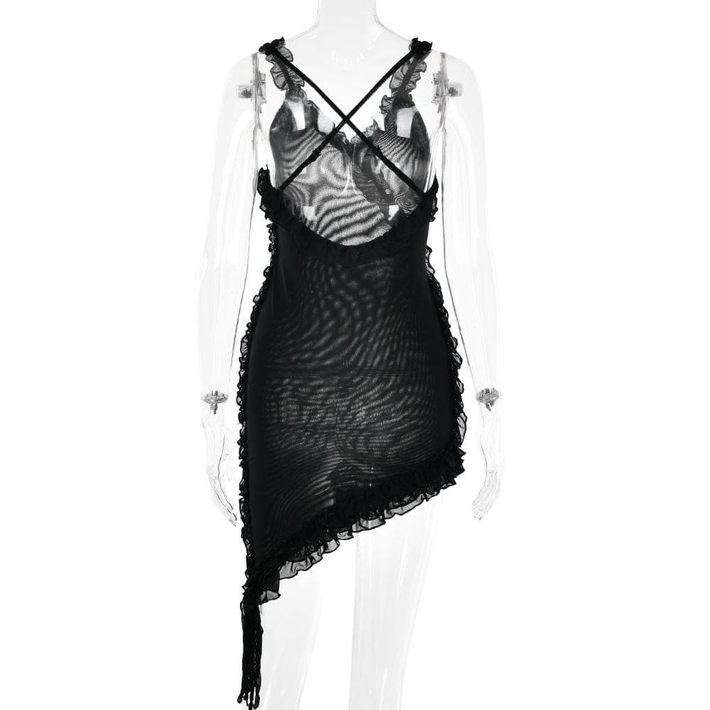 Sheer mesh see through ruffle solid cross back irregular mini dress  | red tango dress  | samba dress  | black rave dress  | black rave dress