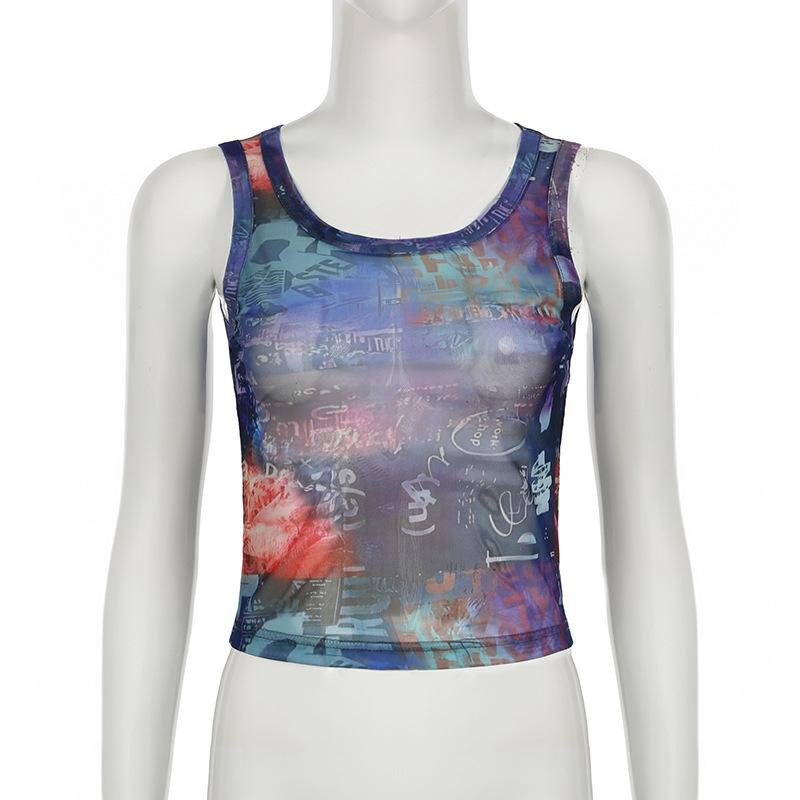 Sleeveless u neck print sheer mesh tank top