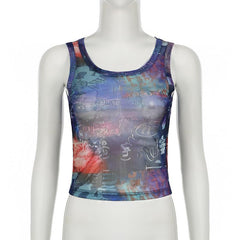 Sleeveless u neck print sheer mesh tank top