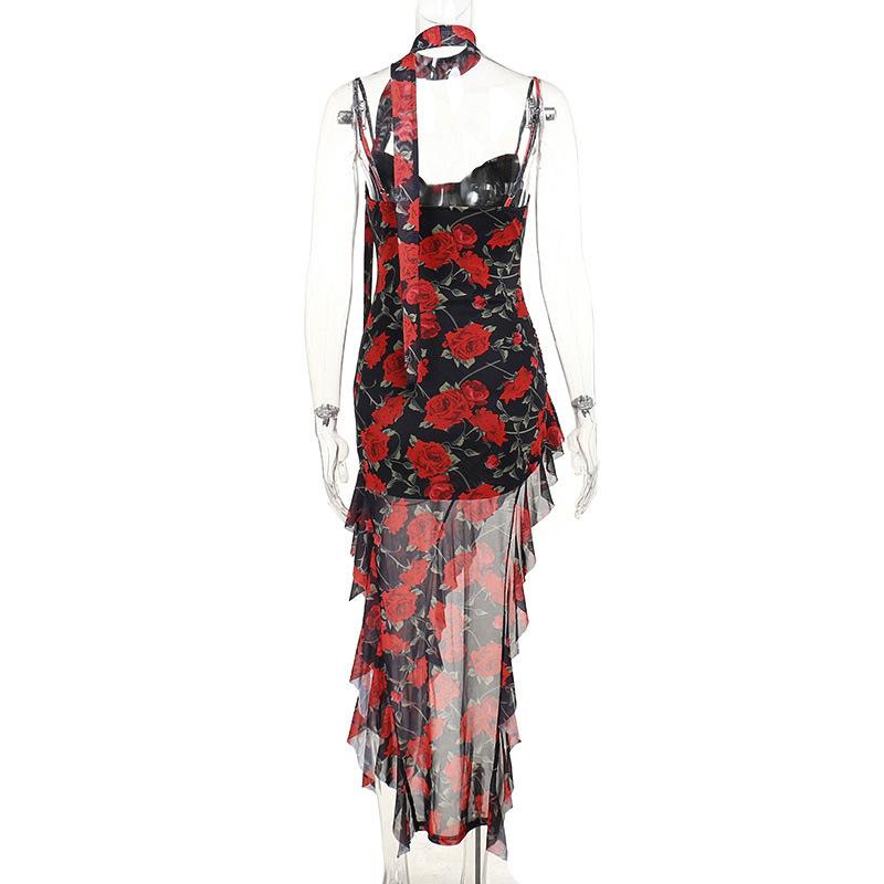 Sweetheart neck ruffle print irregular cami midi dress  | red tango dress