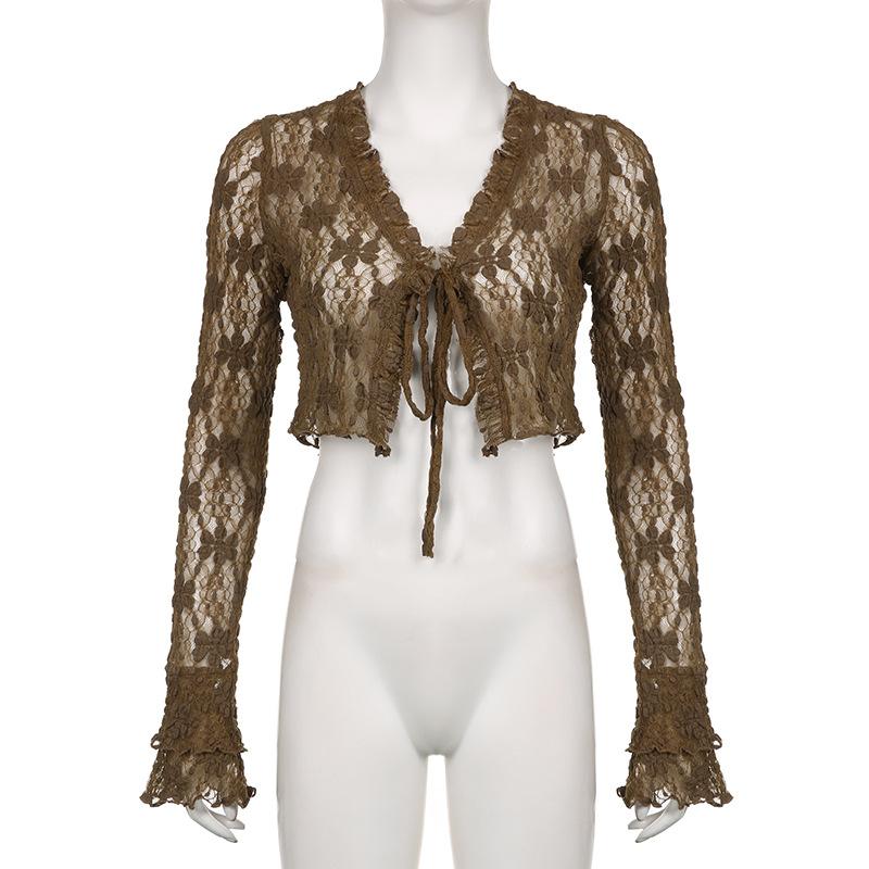 Long sleeve lace self tie crop top