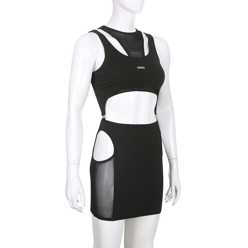 Mesh hollow out metal tag sleeveless 2 piece skirt set