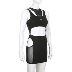 Mesh hollow out metal tag sleeveless 2 piece skirt set