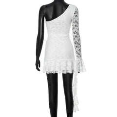 One shoulder long sleeve lace ruffle mini dress