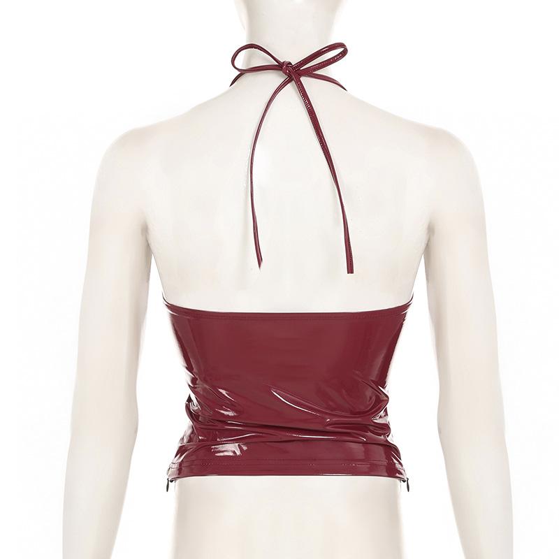 Halter v neck zip-up PU leather top