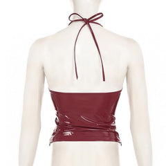 Halter v neck zip-up PU leather top