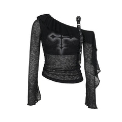 Off shoulder long sleeve ruffle cross pattern buckle top