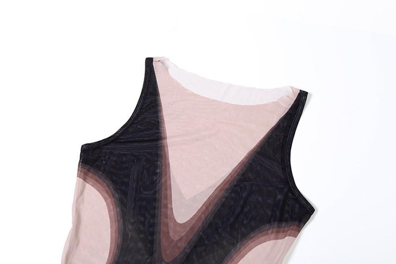 Sleeveless crewneck print irregular mesh mini dress