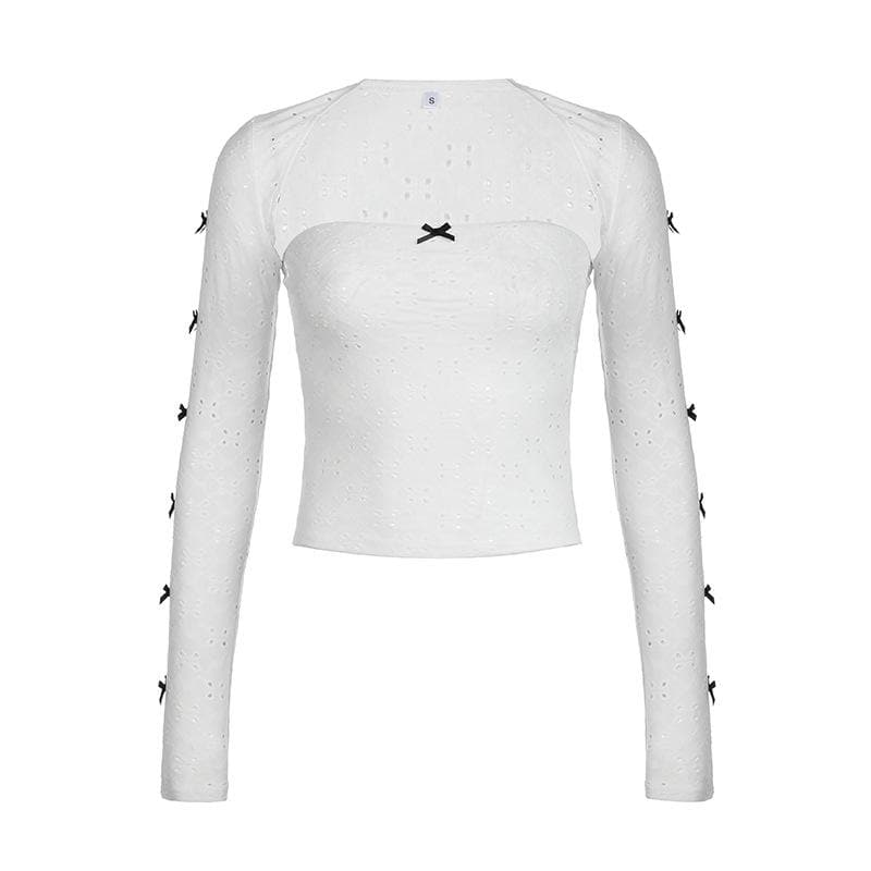 Hollow out bowknot contrast long sleeve shrug 2 piece tube cut out top