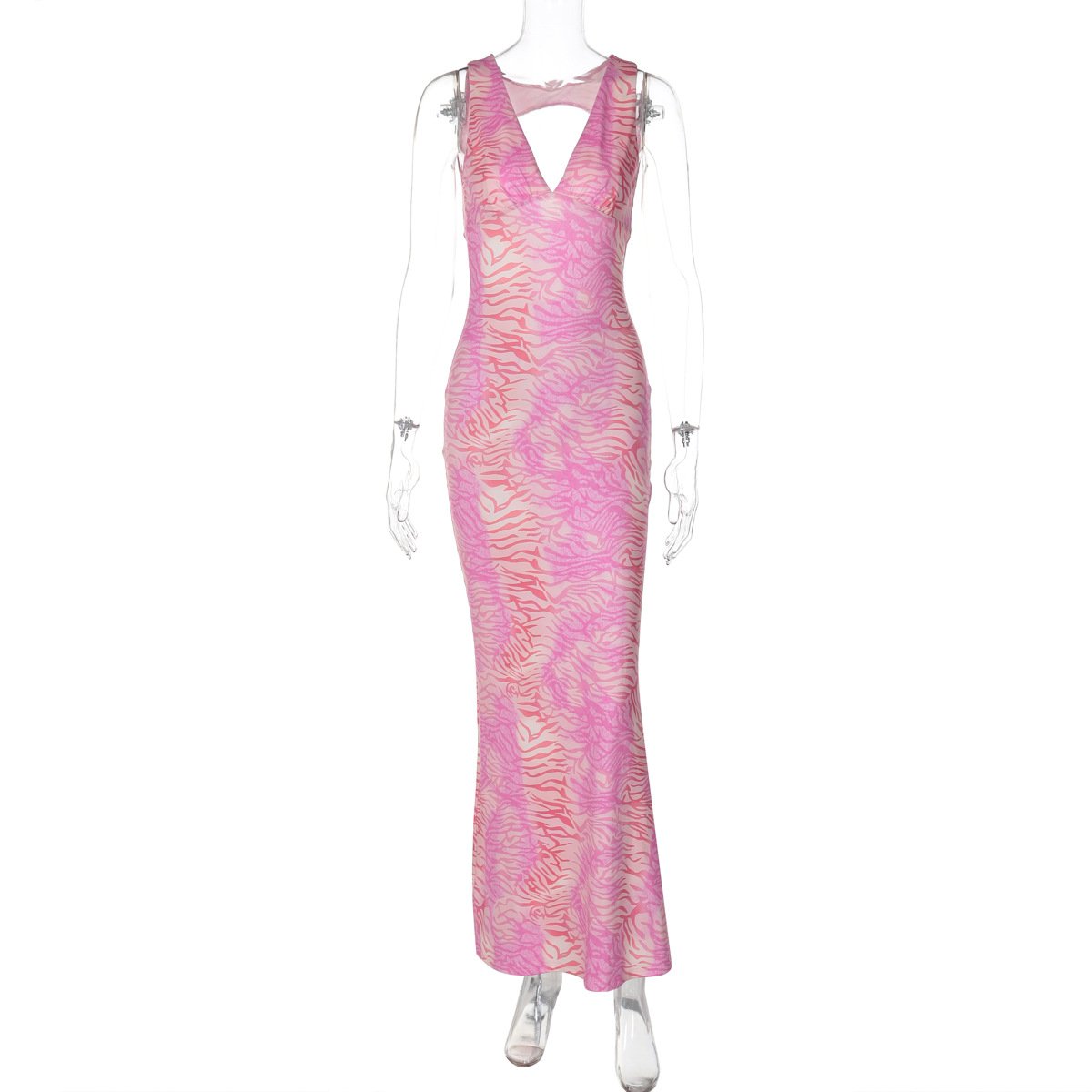 Sleeveless v neck print backless maxi dress