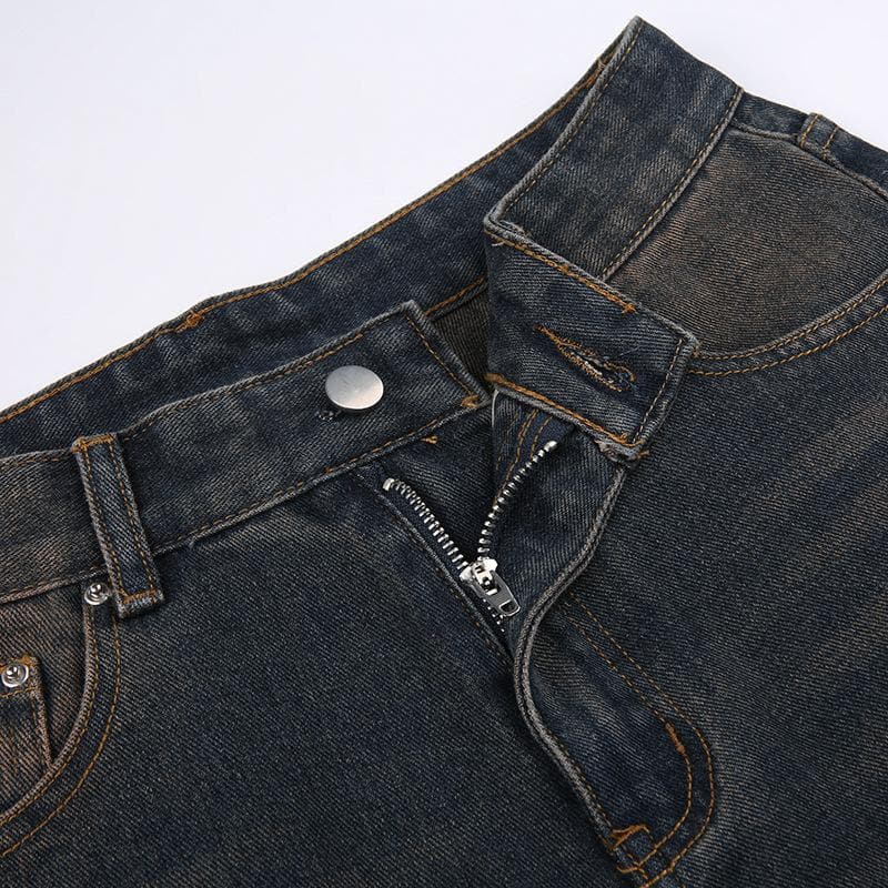 Gradient button straight leg high rise jeans