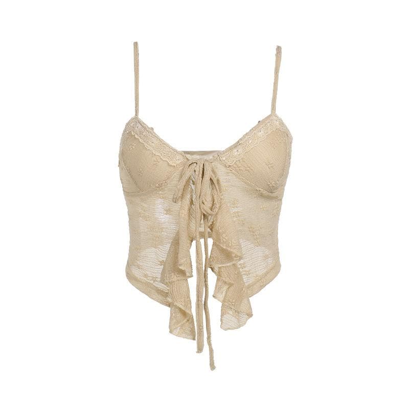 Ruffle textured v neck lace hem cami top
