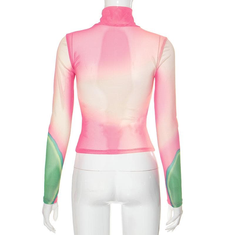 Long sleeve high neck print sheer mesh contrast top