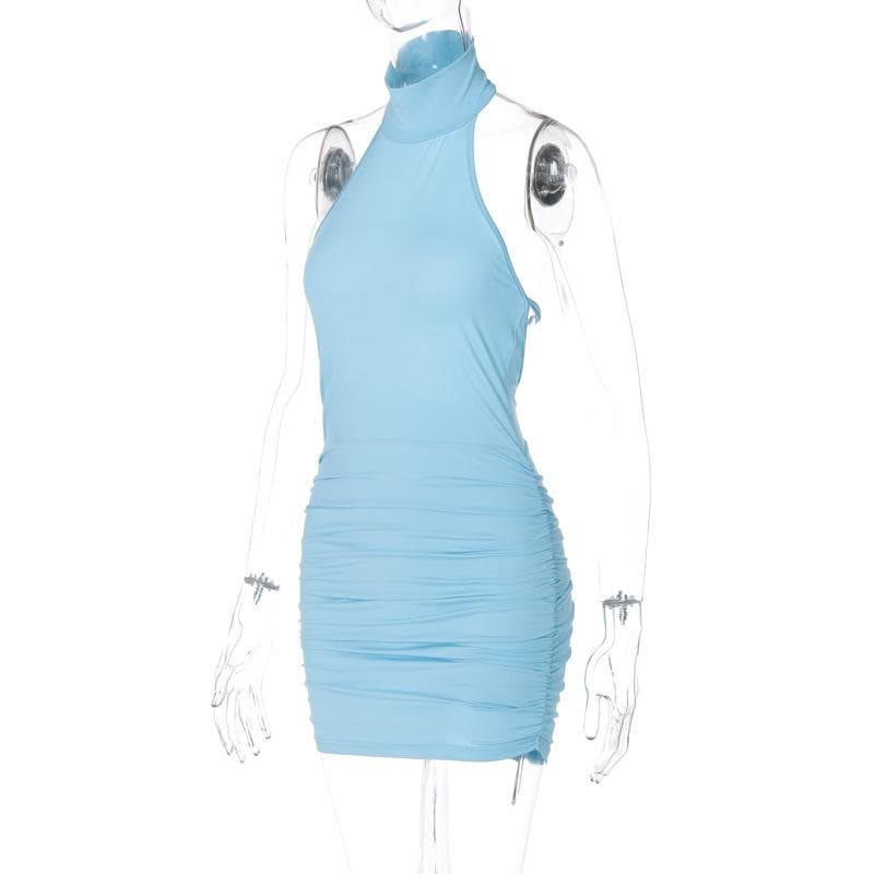 Halter high neck ruched backless mini dress