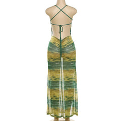 Sheer mesh contrast high slit ruched knotted cami maxi dress  | samba dress