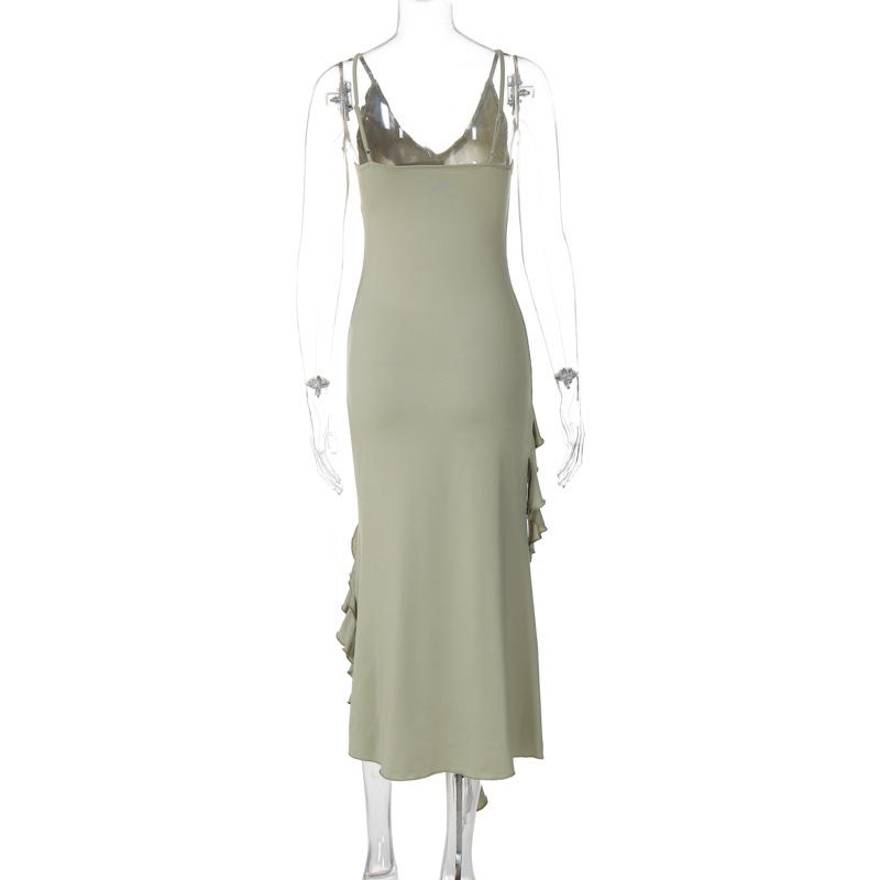 V neck ruffle backless irregular cami midi dress