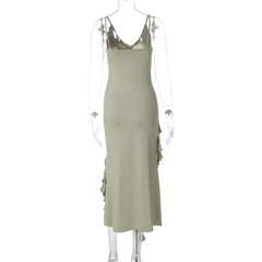 V neck ruffle backless irregular cami midi dress