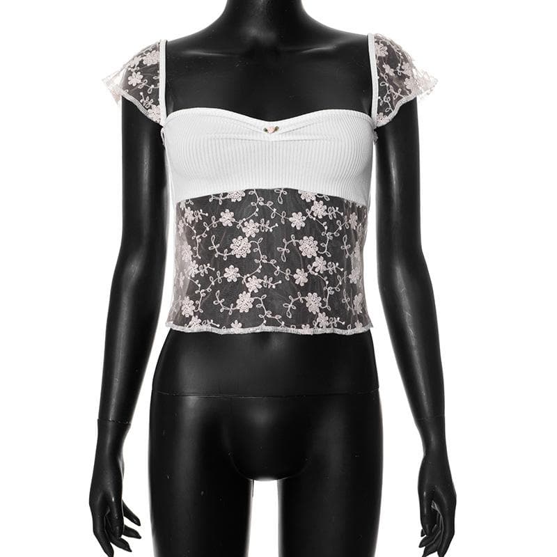 Cap sleeve lace flower embroidery ribbed top