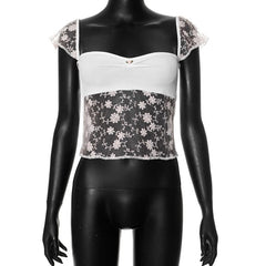 Cap sleeve lace flower embroidery ribbed top