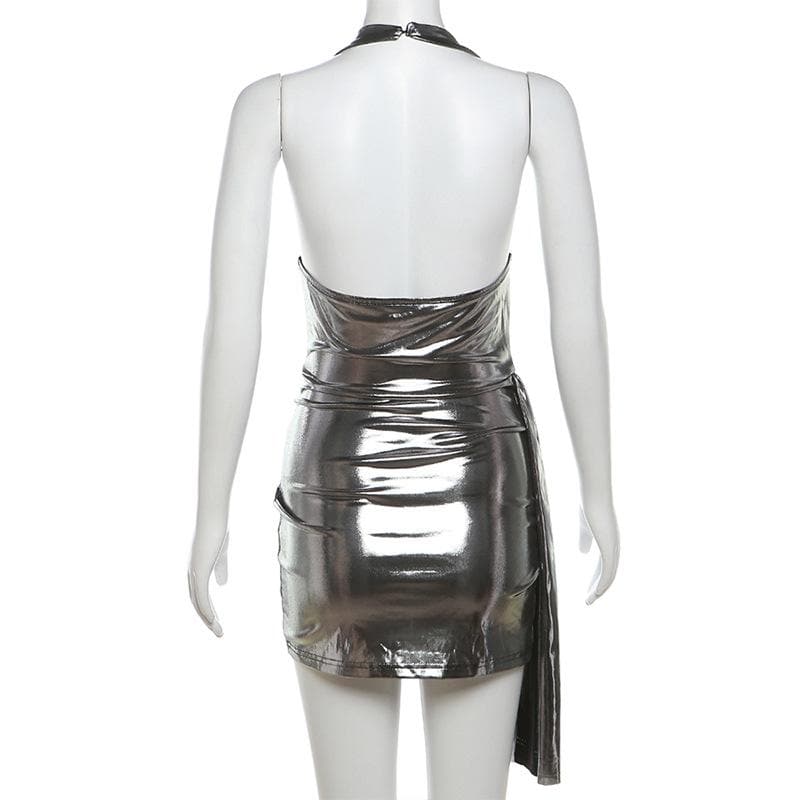 Halter ruched cowl neck metallic button mini dress