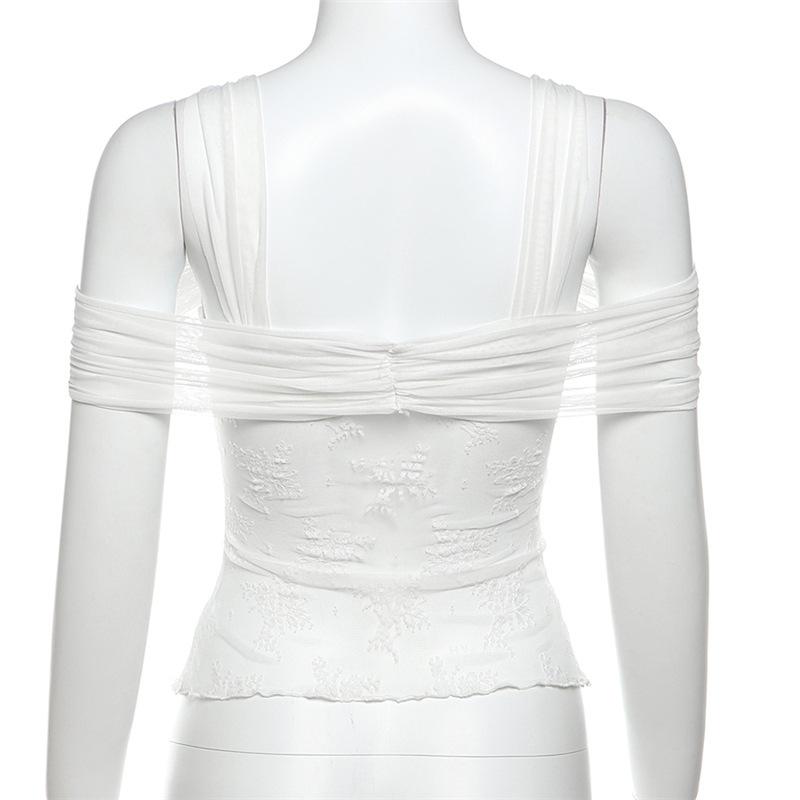 Short sleeve off shoulder lace mesh ruched 2-way top