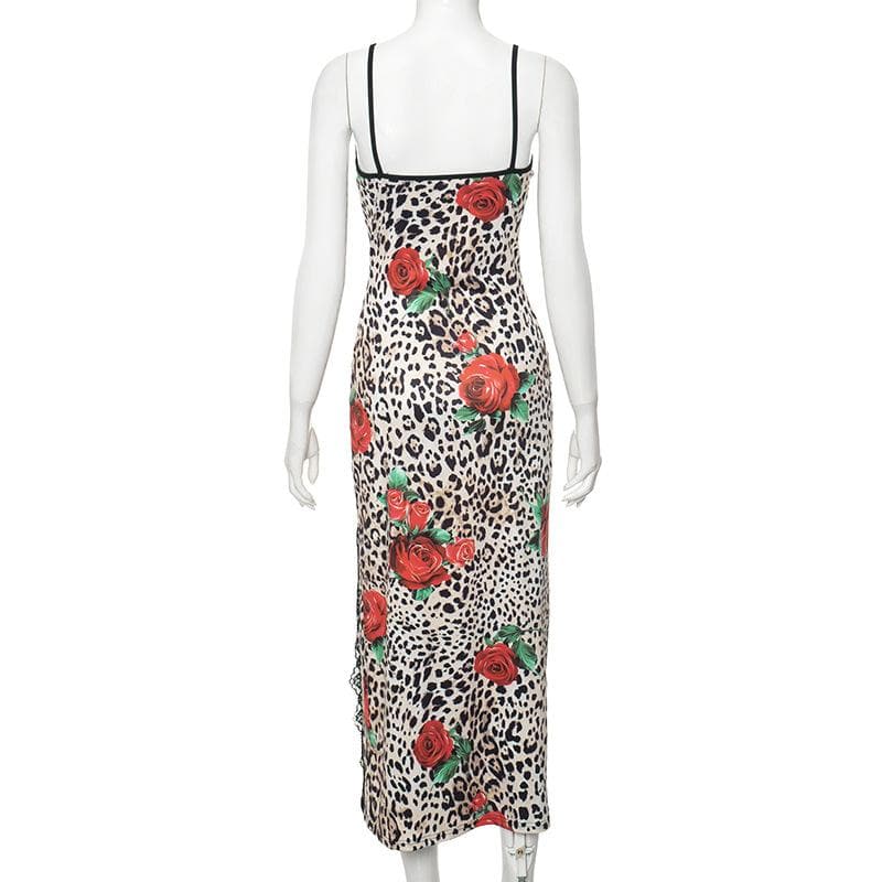 Leopard print sweetheart neck lace hem slit cami maxi dress