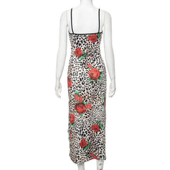 Leopard print sweetheart neck lace hem slit cami maxi dress