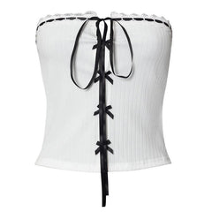Bowknot ribbon ribbed lace hem backless tube top